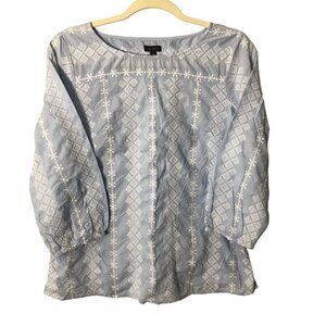 Talbots Peasant Tunic Top Women's size XS Blue & White Embroidered 3/4 Sleeves